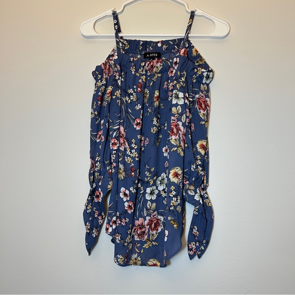 A. Byer Blue Floral Cold-Shoulder Tank Blouse Size Medium